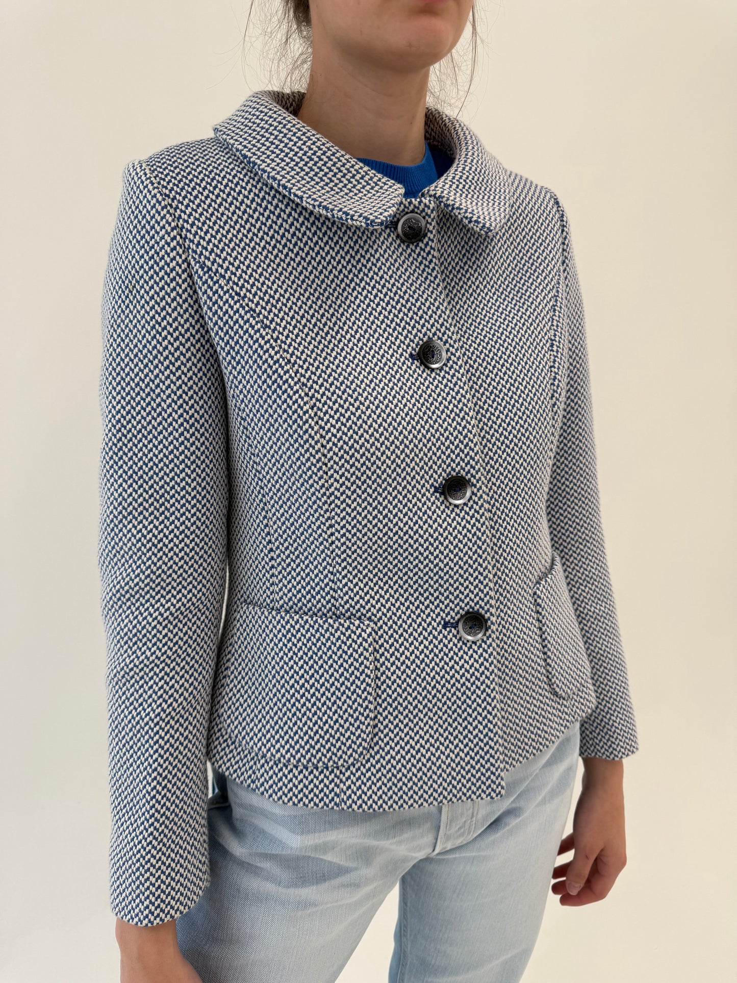 Sacou ultra feminin din pânză în stil Prada ivoire cu Navy
