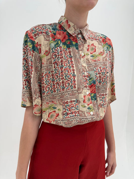 Cămașa vintage camel din panzica  mătase naturală raw cu print superb