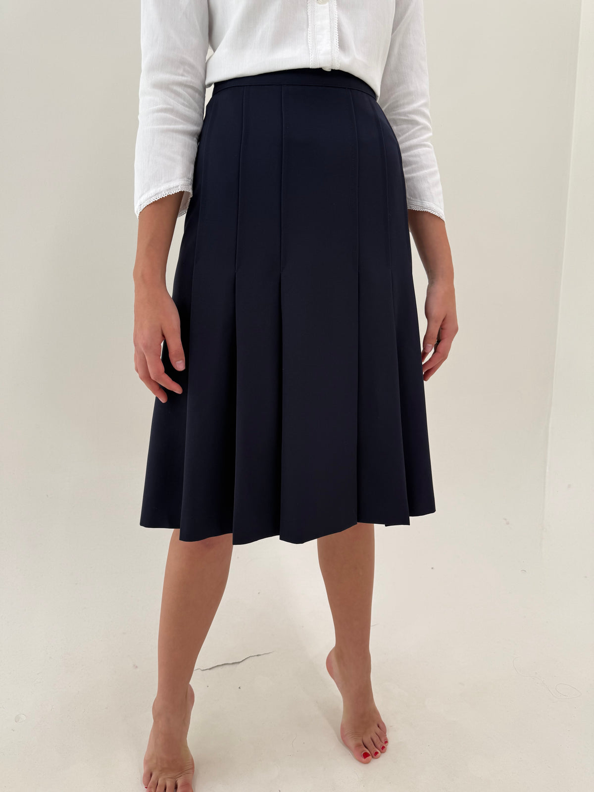 Fustă plisată midi Navy blue din twill extrafin de lana