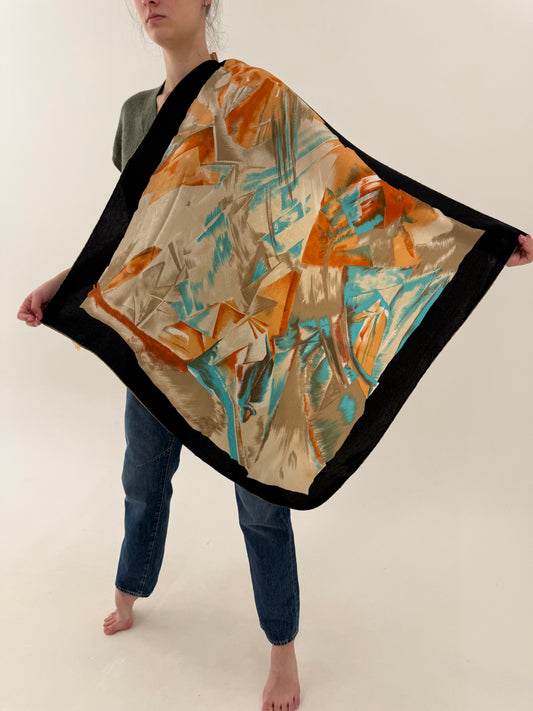 Eșarfă XL din mătase naturală cu paspoal negru