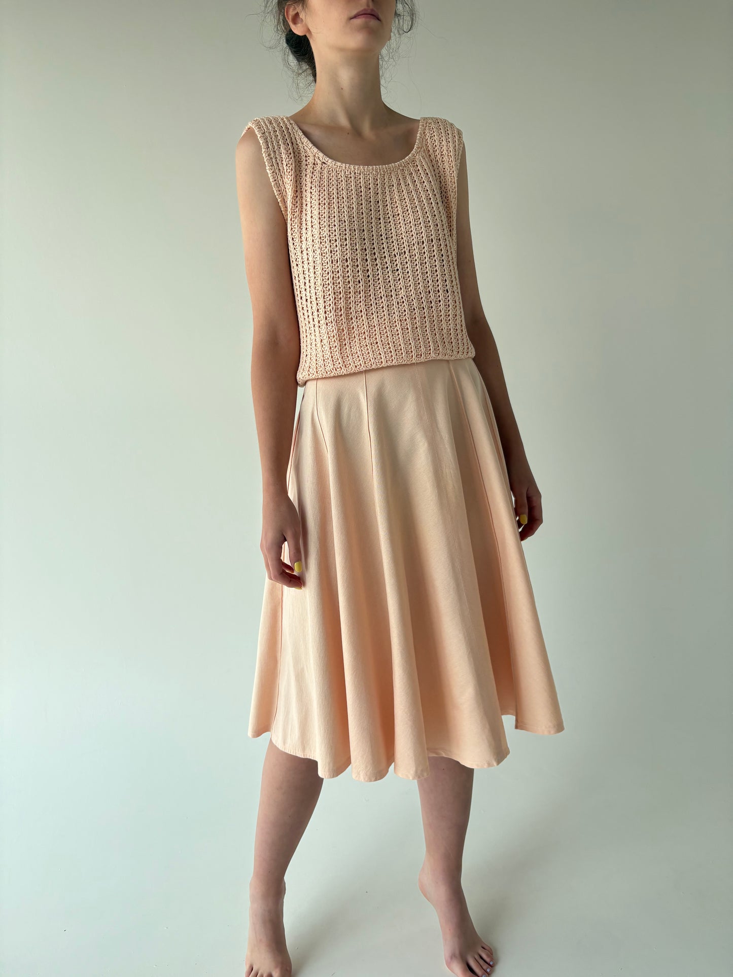 Fustă vintage din pânză moale salmon orange cu talie ultra înaltă