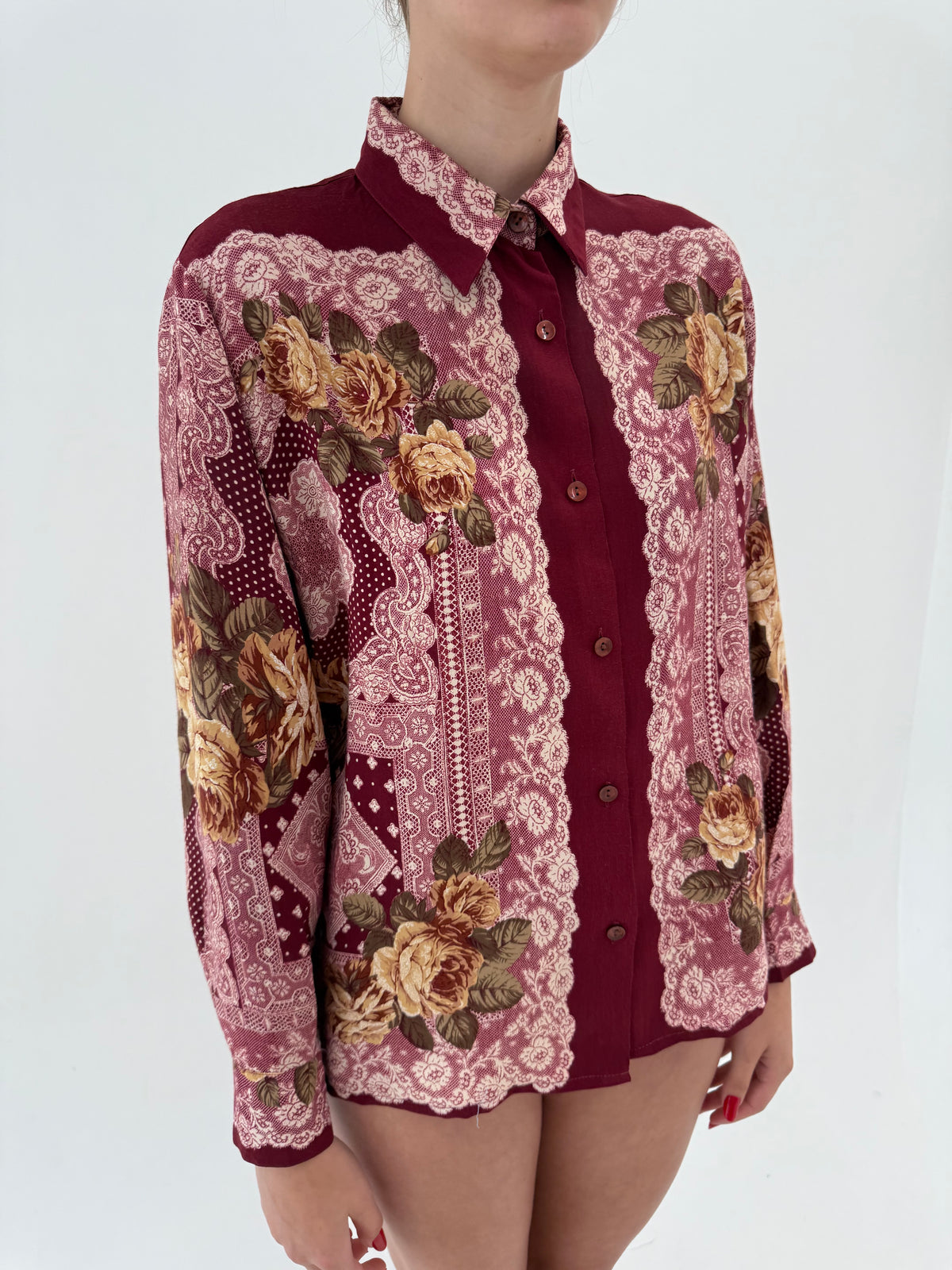Cămașa burgundy petite cu print superb în croi lejer