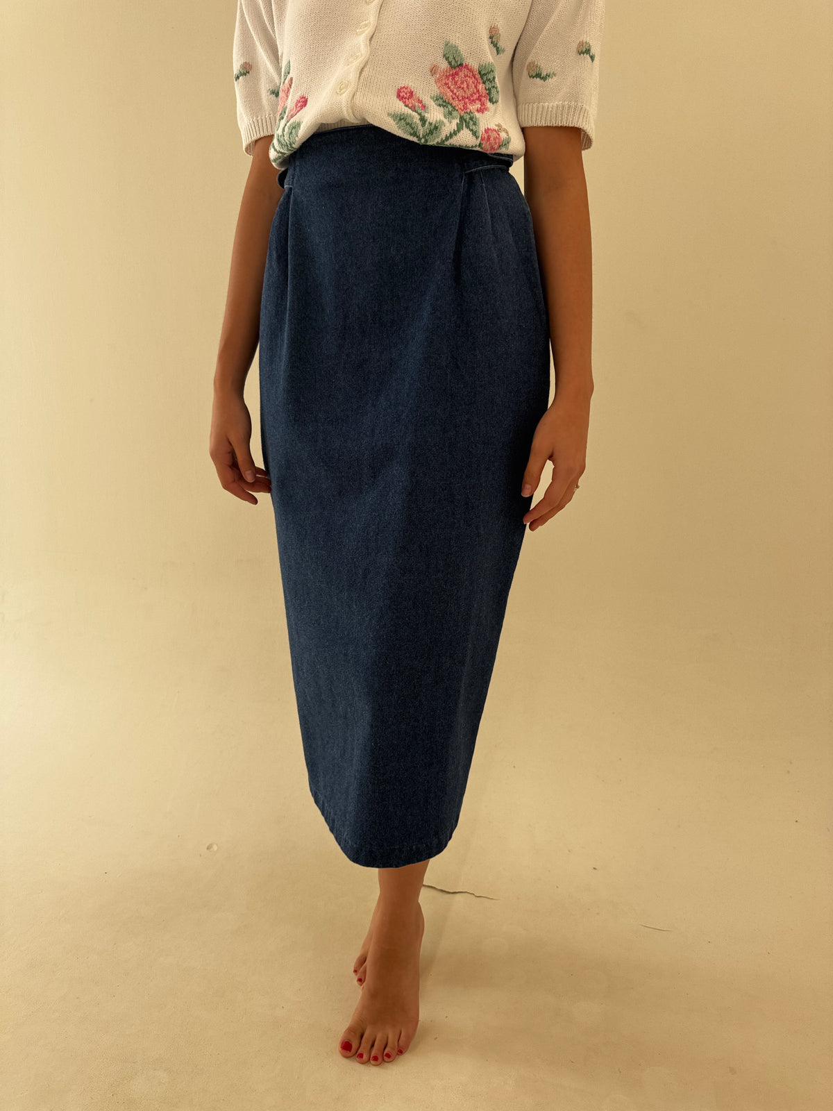 Fustă vintage excepțională maxi din jeans gros cu sistem de reglaj în talia extrem de înaltă