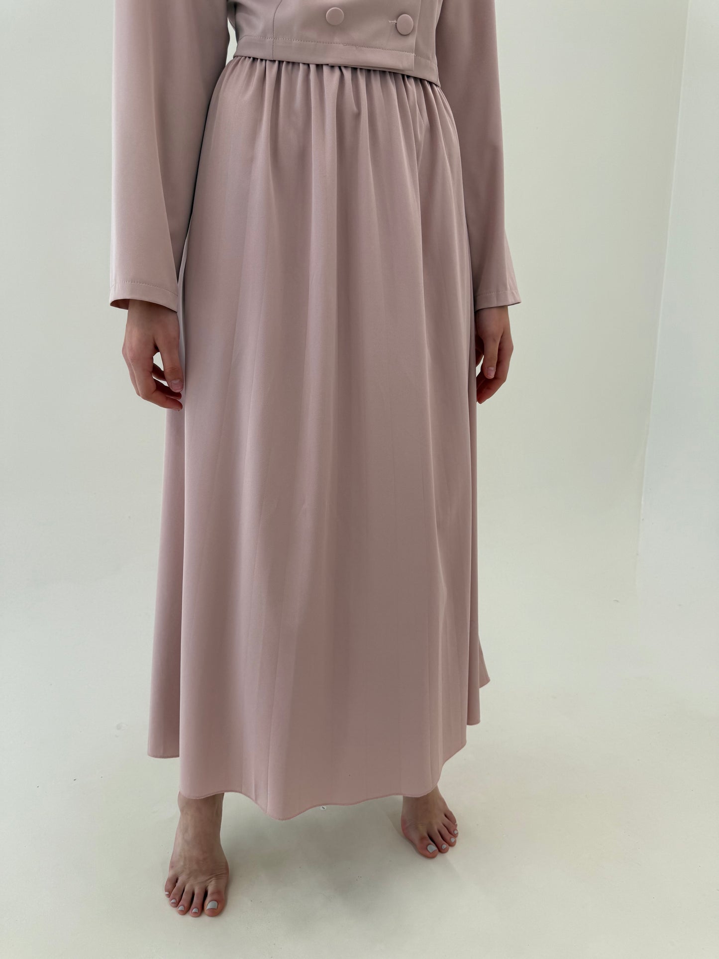 Deux piece vintage powder Pink cu fustă maxi și sacou cambrat