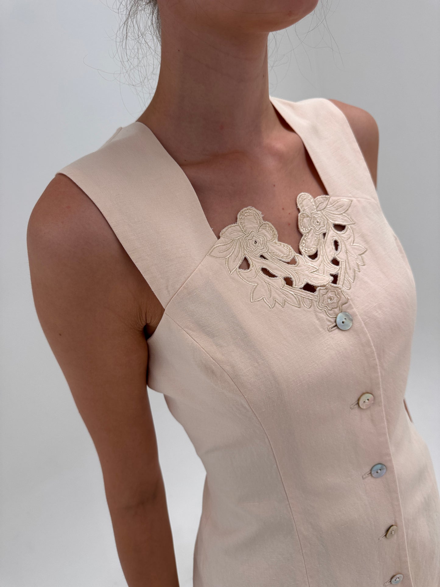 Corsaj vintage excepțional pink nude din pânză de in și bumbac cu broderie