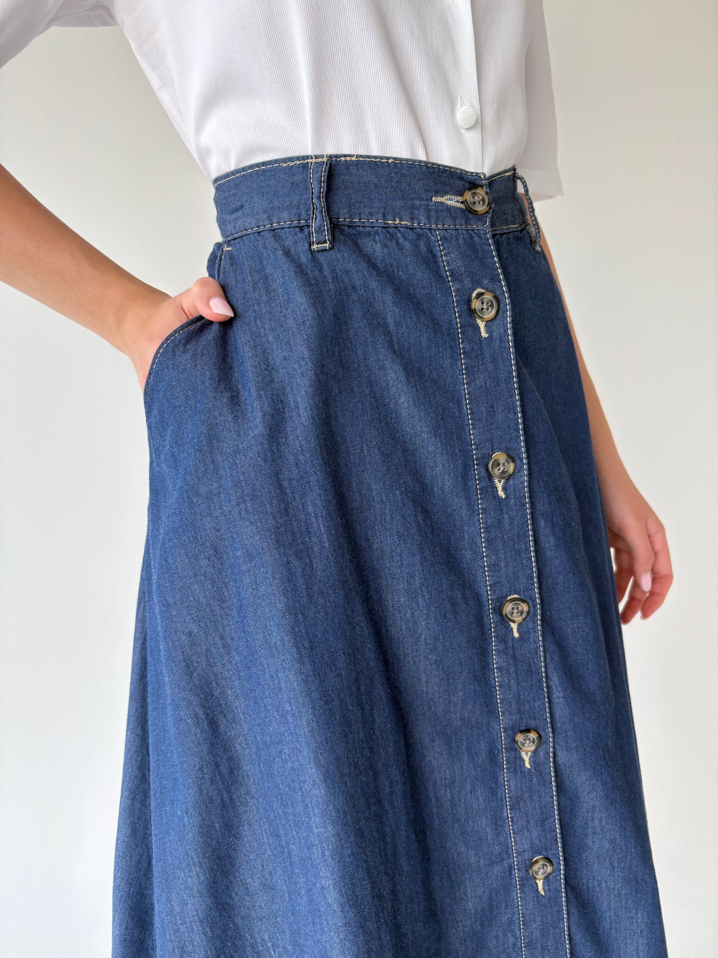 Fustă vintage A-line din jeans subțire de vară calssic wash cu talie elastică