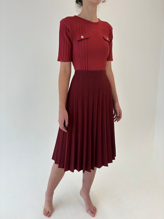 Fustă vintage plisată Marsala red cu talie ultra înaltă din stofita