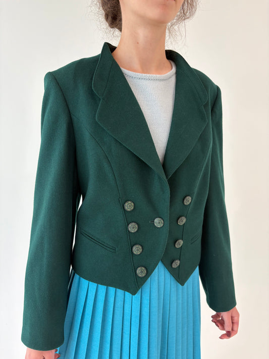 Sacou vintage cambrat forest green din lana pura virgină certificată