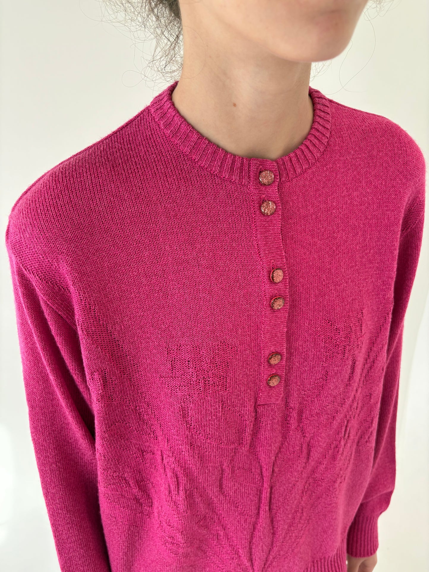Pulover vintage Barbie pink din mix de lana merino extrafina de gramaj mare