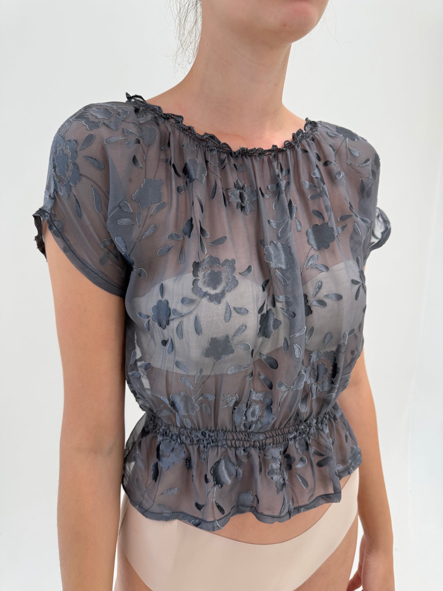 Top peplum cu talie elastică din mătase naturală texturată