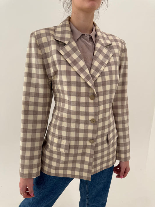 Sacou camel și nude în carouri în croi ușor cambrat din lanita subțire