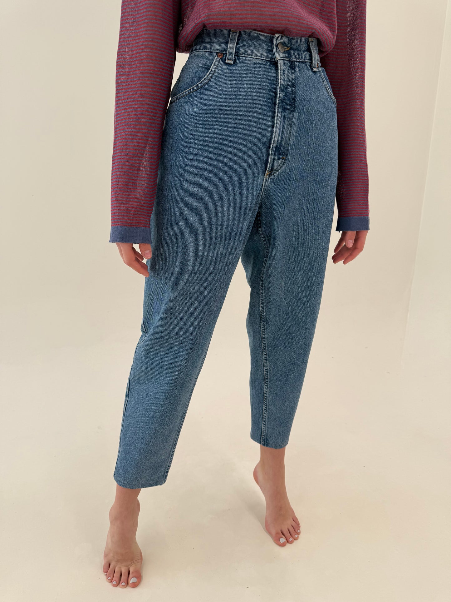 Jeans vintage premium mom fit clasic wash cu talie ultra înaltă