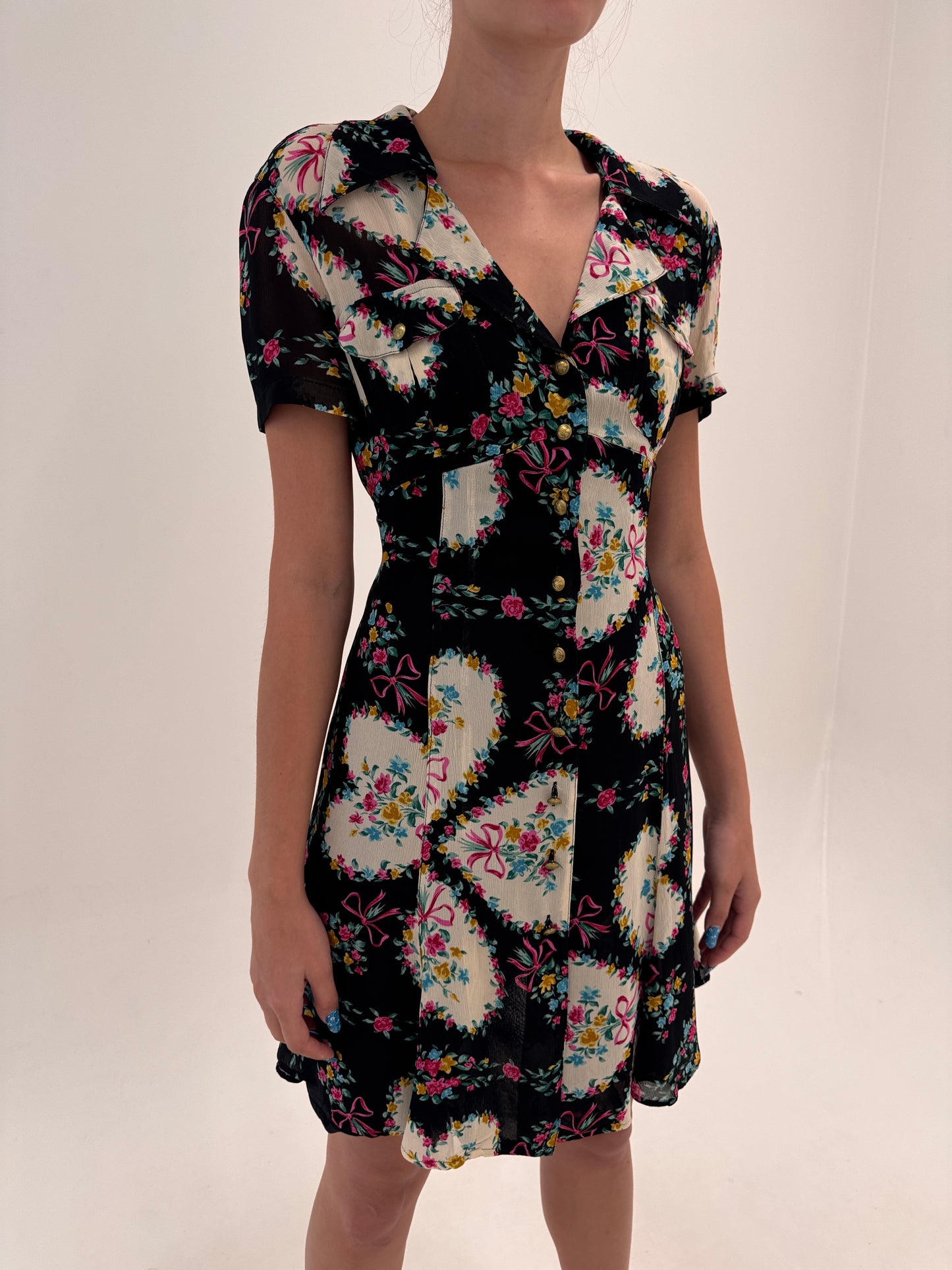 Rochie Moschino neagra cu print în culori tari și talie marcată