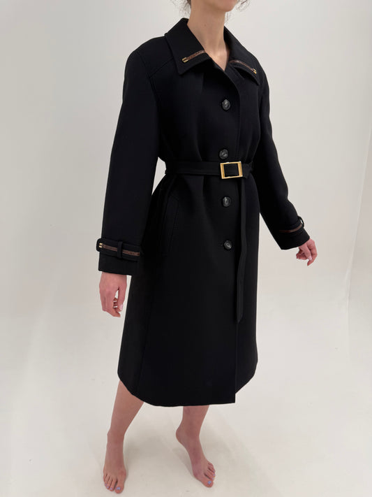 Palton old vintage early 80s din lana neagră structurată cu inserții din piele de șarpe