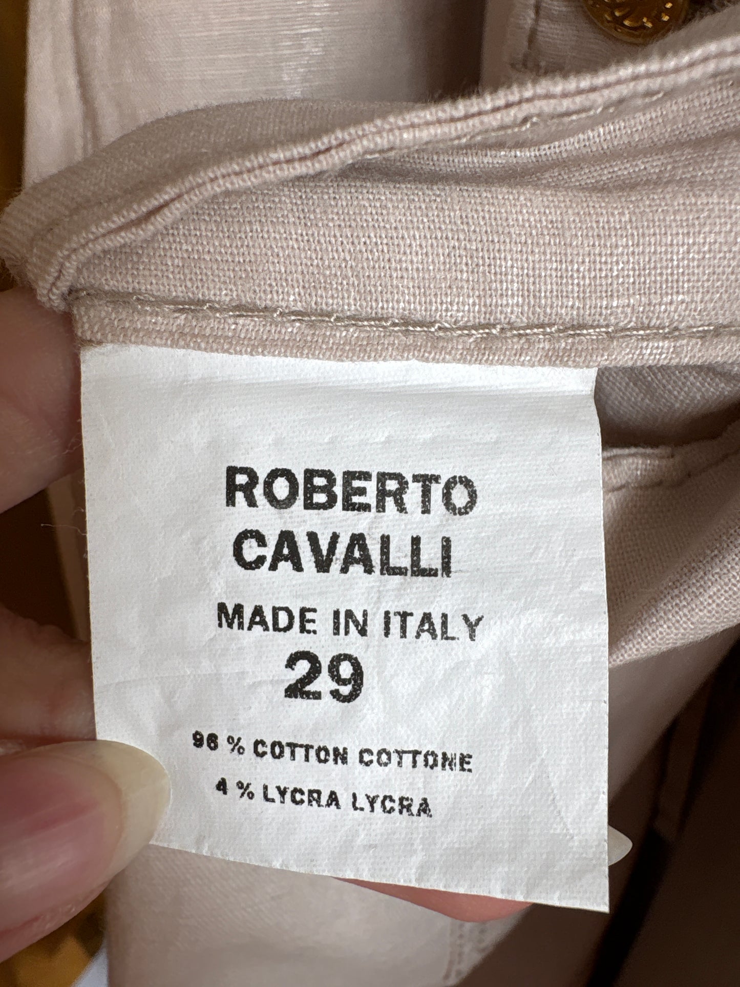 Pantaloni iconici Roberto Cavalli din pânză perlata noi cu etichetă off white