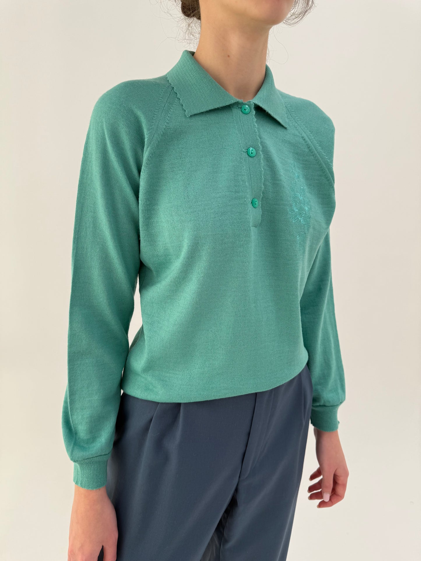 Pulover vintage polo mint green cu broderie din lana extrafina