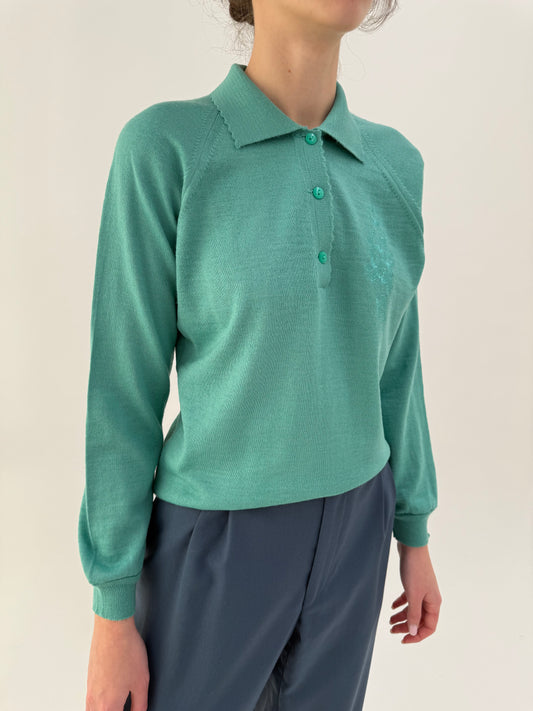 Pulover vintage polo mint green cu broderie din lana extrafina