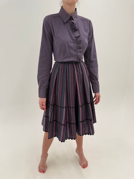 Fustă vintage în dungi și nuanțe dusty de mov din pânză de bumbac