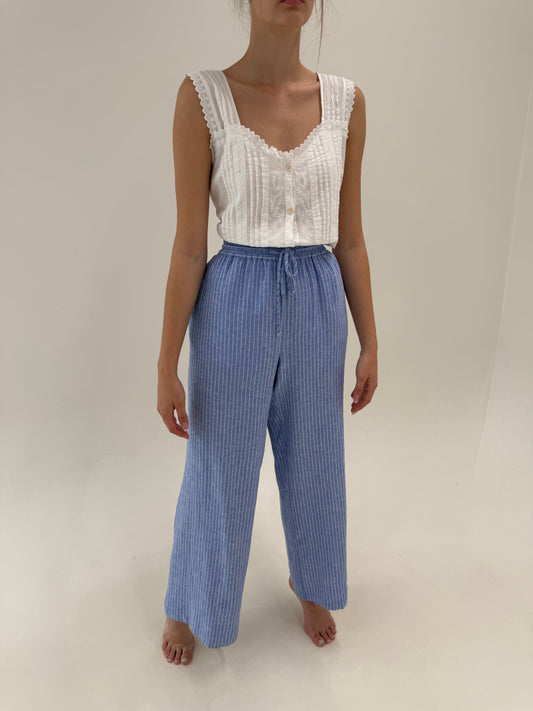 Pantaloni palazzo tall din pânză de in cu dungi fine verticale albe