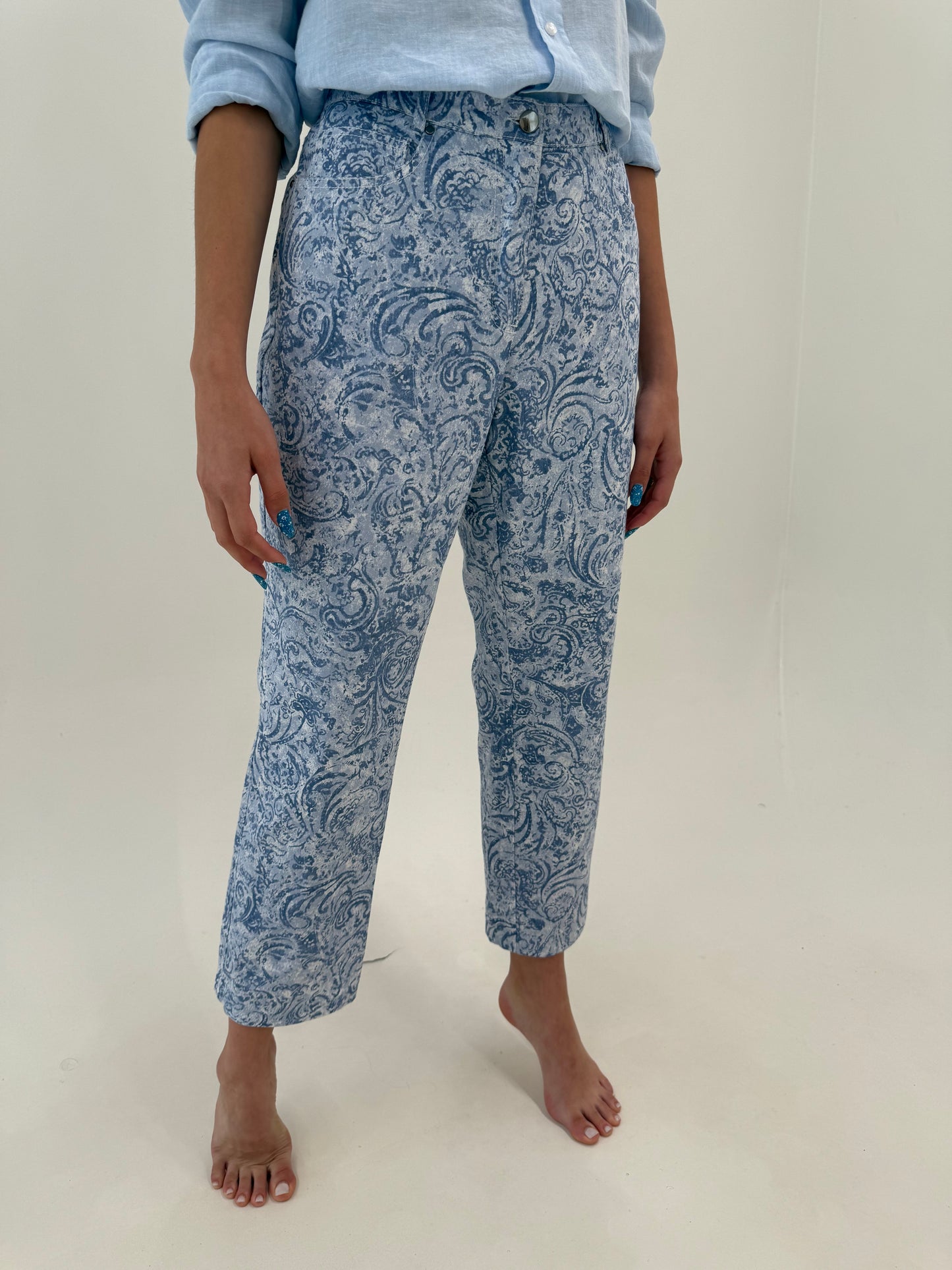 Pantaloni ultra confort din bumbac modelator cu print paisley baby blue
