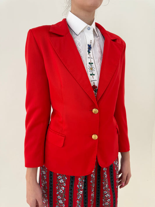 Sacou cambrat cherry red din stofita de lana extrafina cu nasturi aurii