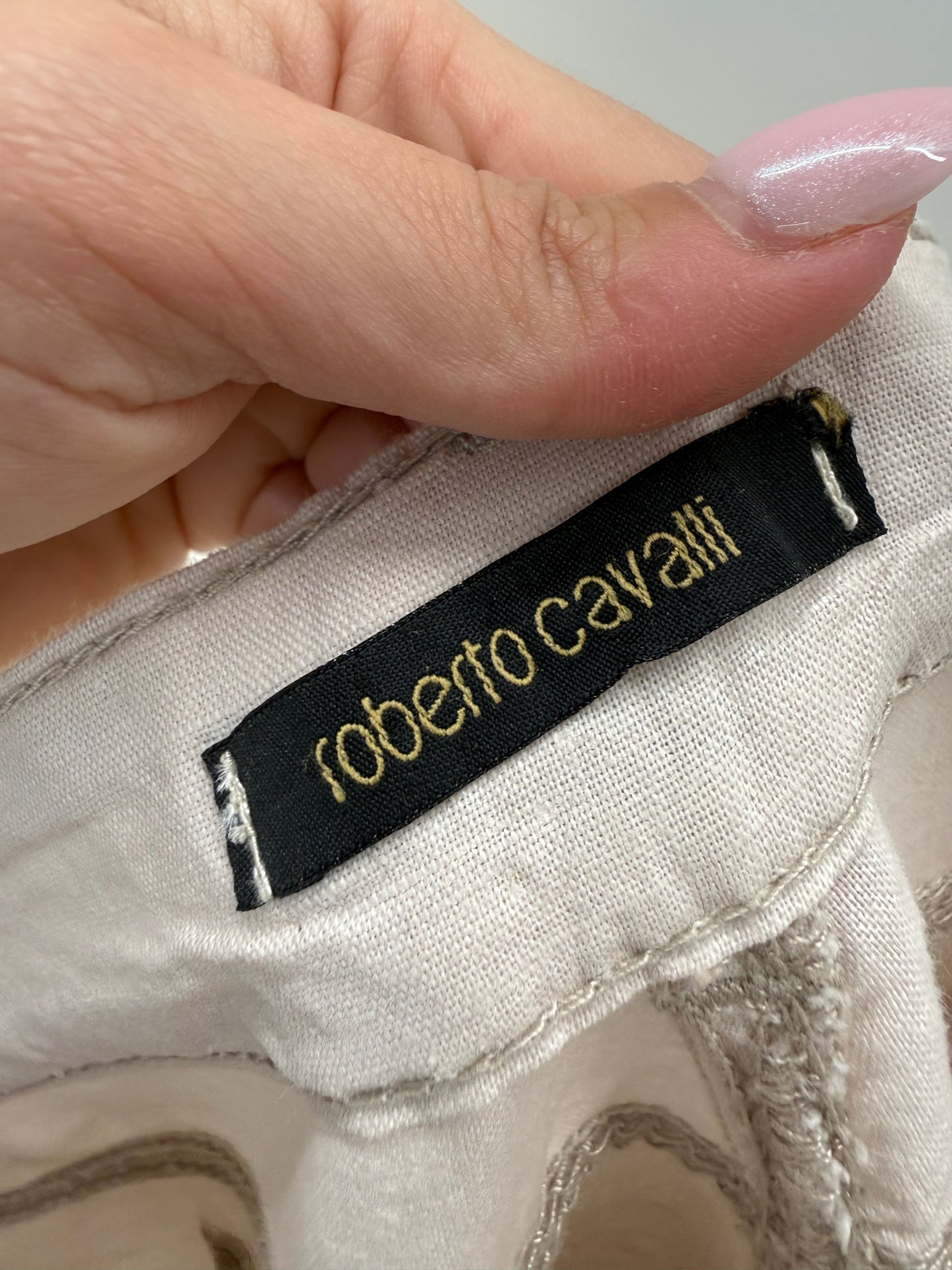 Pantaloni iconici Roberto Cavalli din pânză perlata noi cu etichetă off white