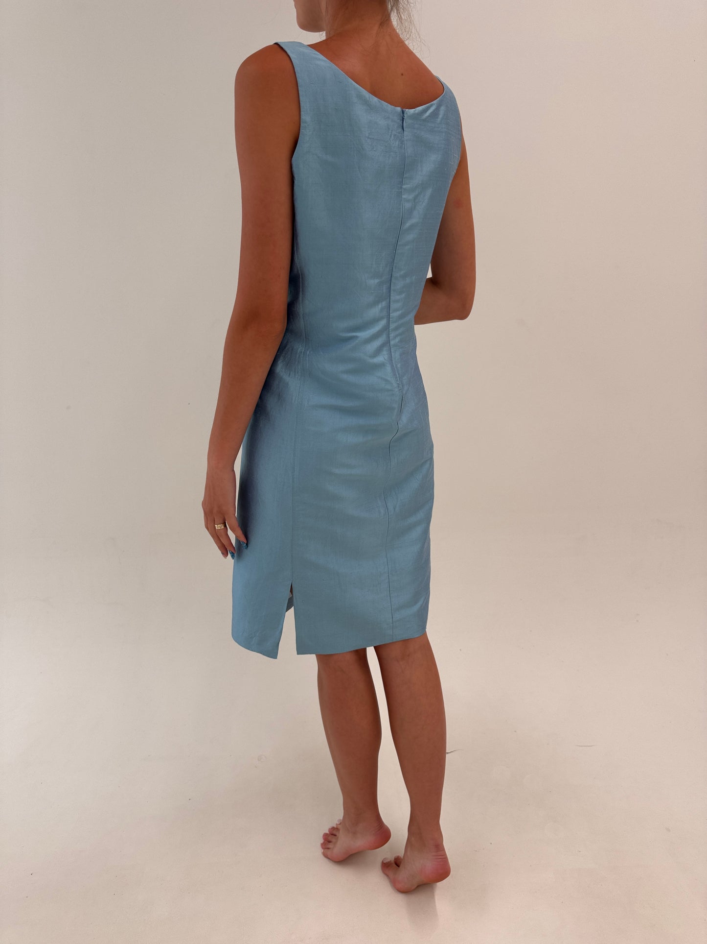 Rochie baby blue în croi minimalist din mătase naturală dupioni
