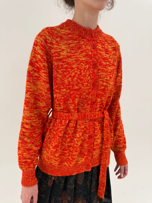 Cardigan oranj vintage melanj din lana extrafina groasa cu cordon