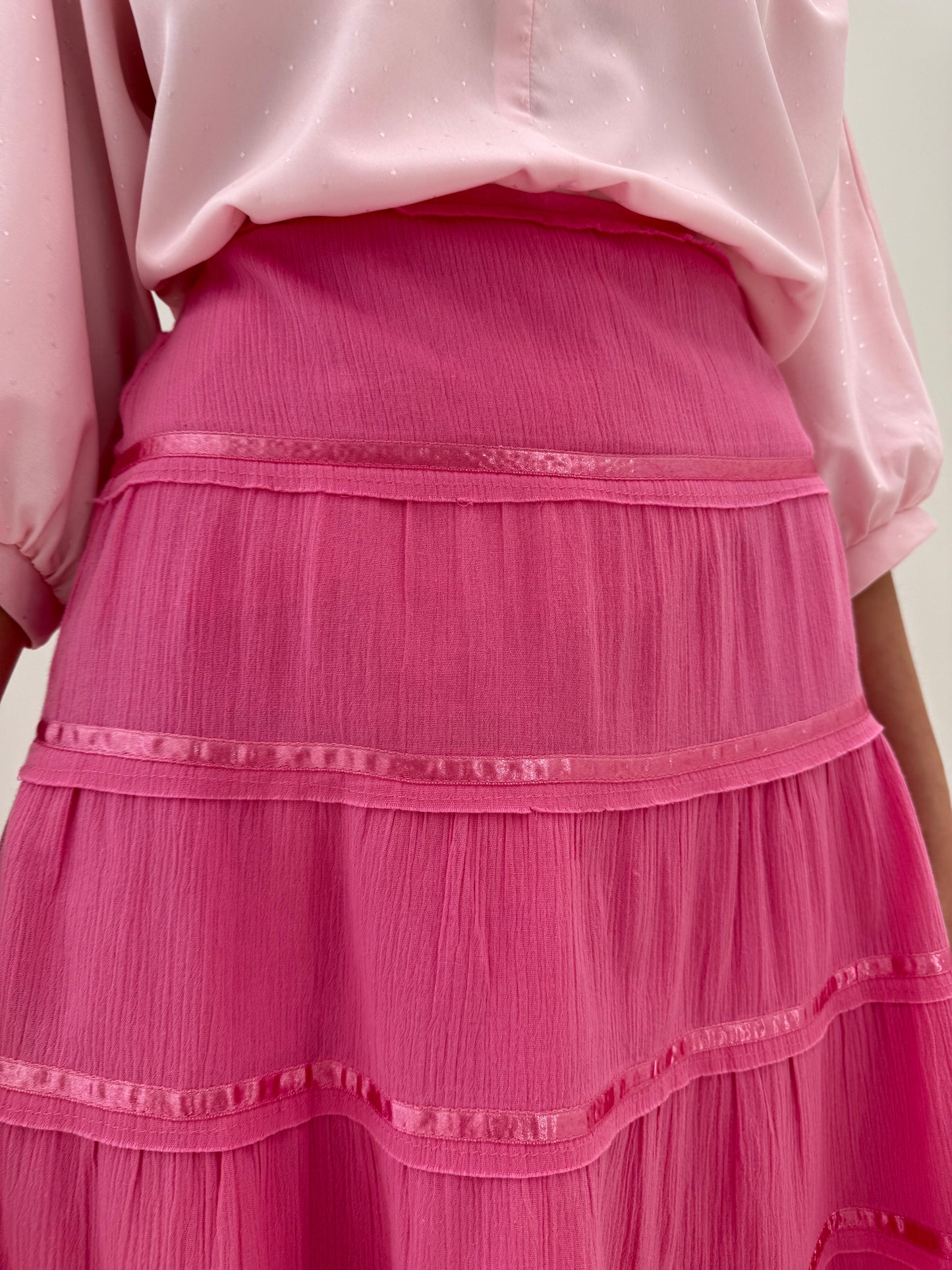 Fustă midi lung Barbie Pink din panzica no iron de bumbac