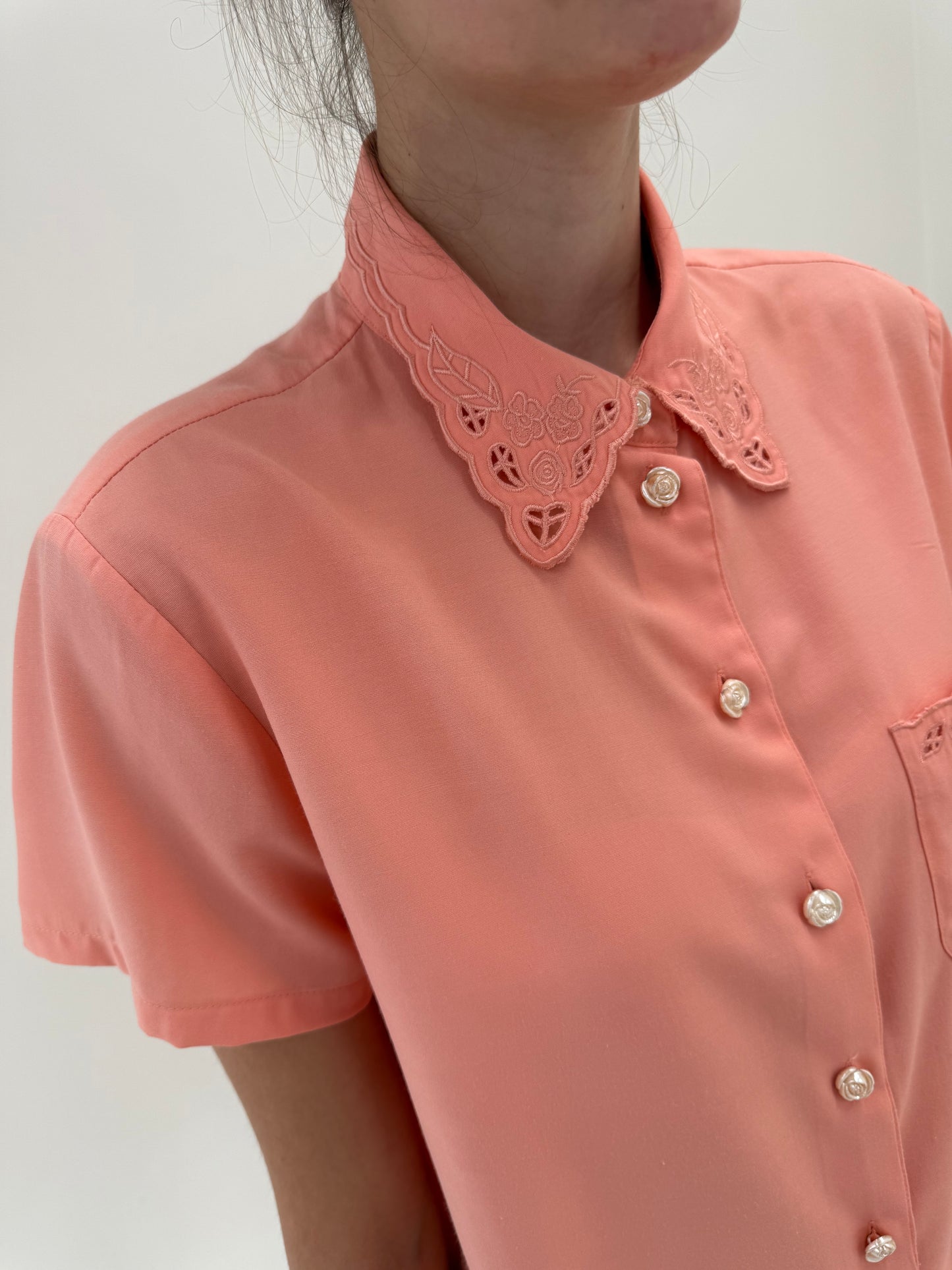 Cămașa vintage din panzica cu guler brodat salmon orange