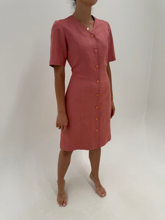 Rochie vintage dusty old pink din pânză ușor structurată de in