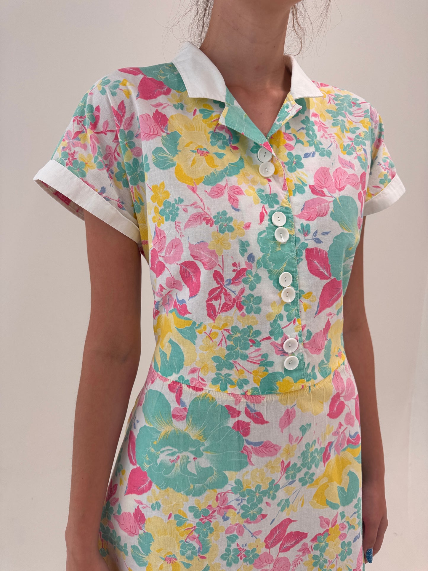 Fustă vintage din pânză de in cu print floral superb și buzunare spre maxi