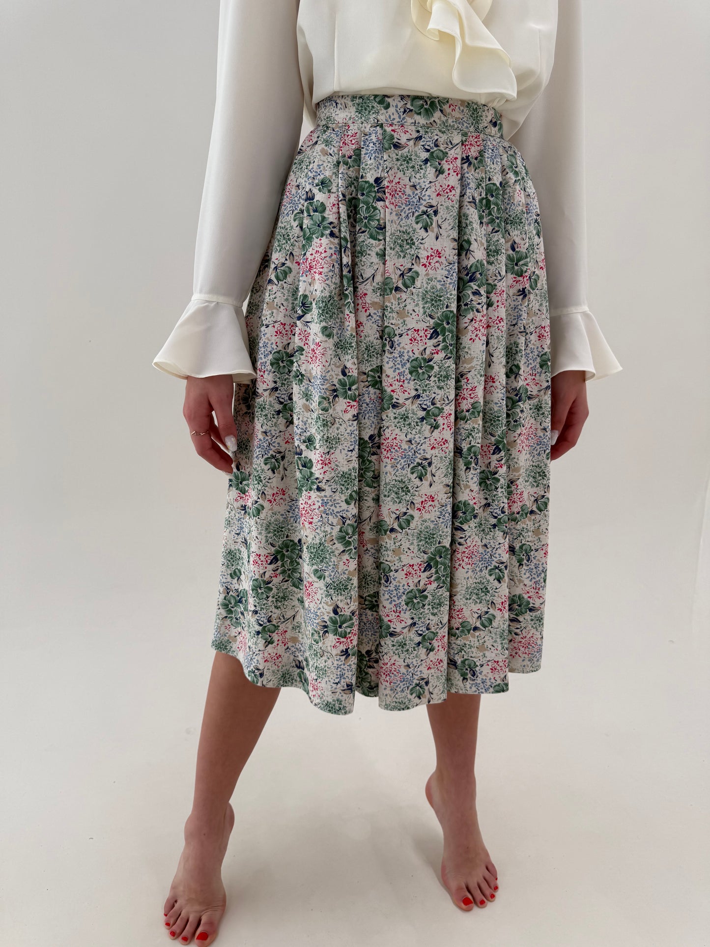 Fustă vintage cu print floral și talie ultra înaltă marcată din pânză moale de in și bbc