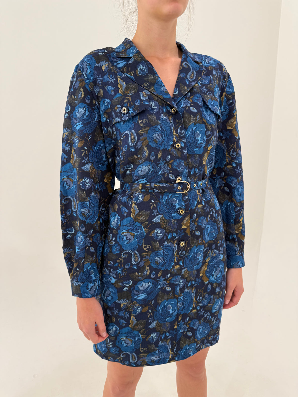 Rochie din lana extrafina cu print floral și talie marcată cu curea proprie