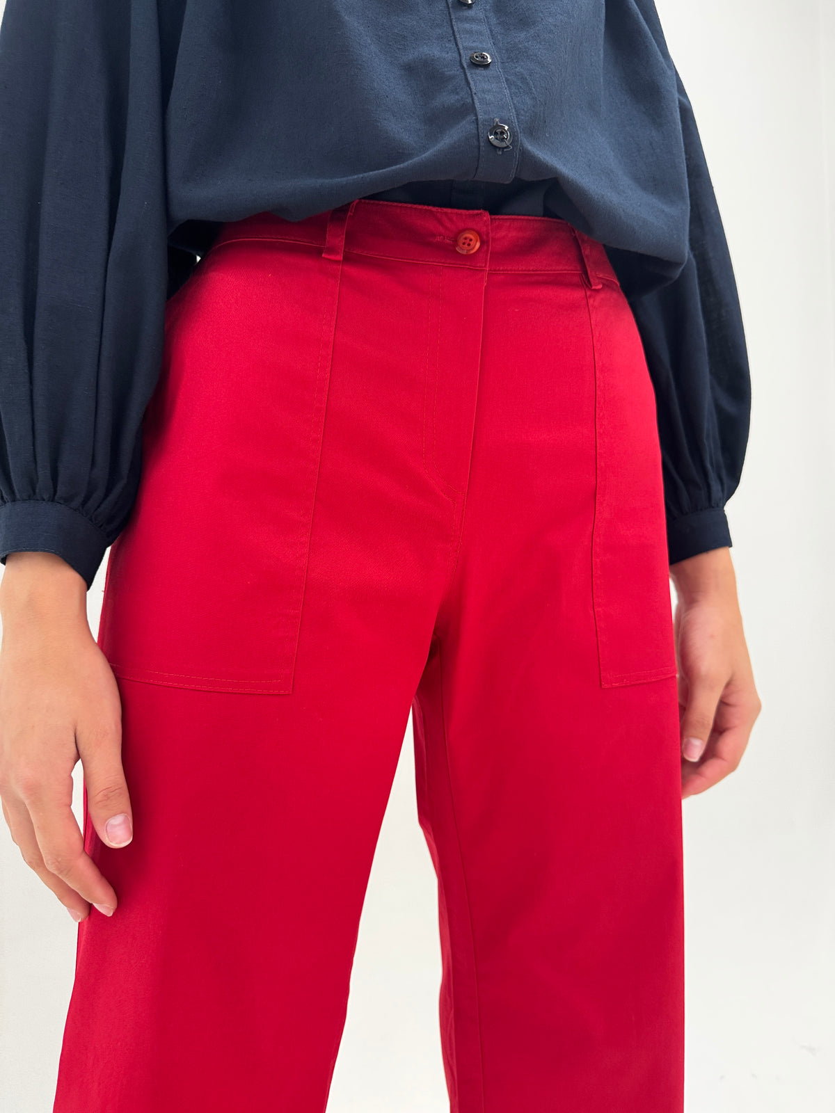 Pantaloni italienești dark cherry red din bumbac gros modelator cu solduri generoase