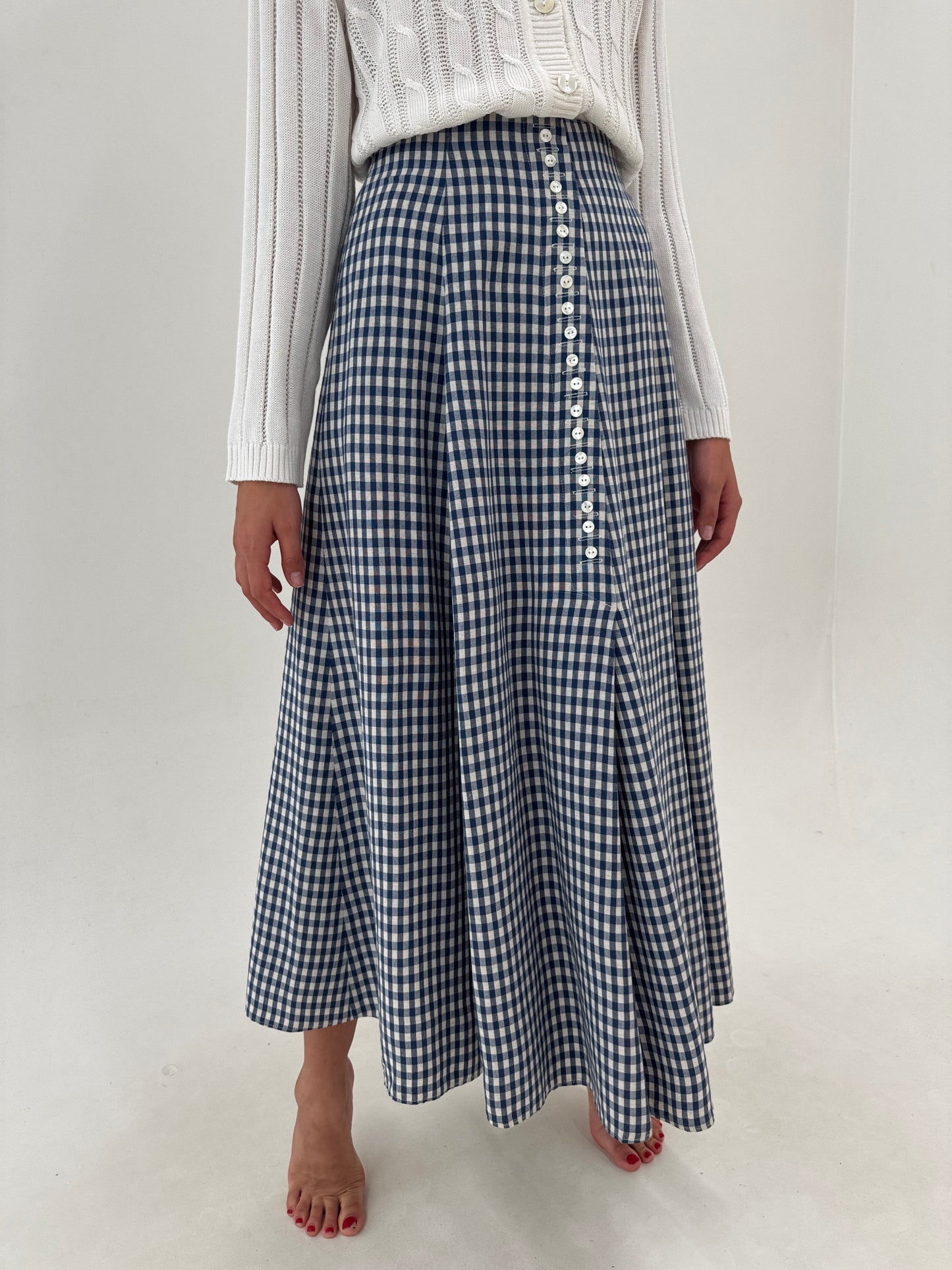Fustă maxi gingham în carouri din textura plina de toamnă de bumbac