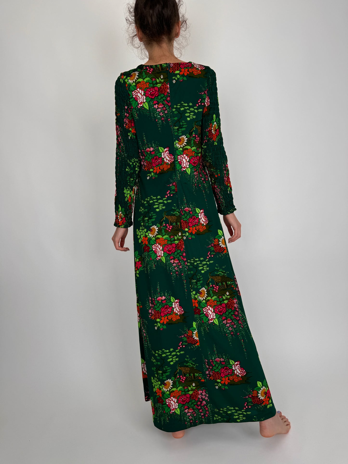 Rochie vintage maxi forest green în croi de ani 70  și culori tari