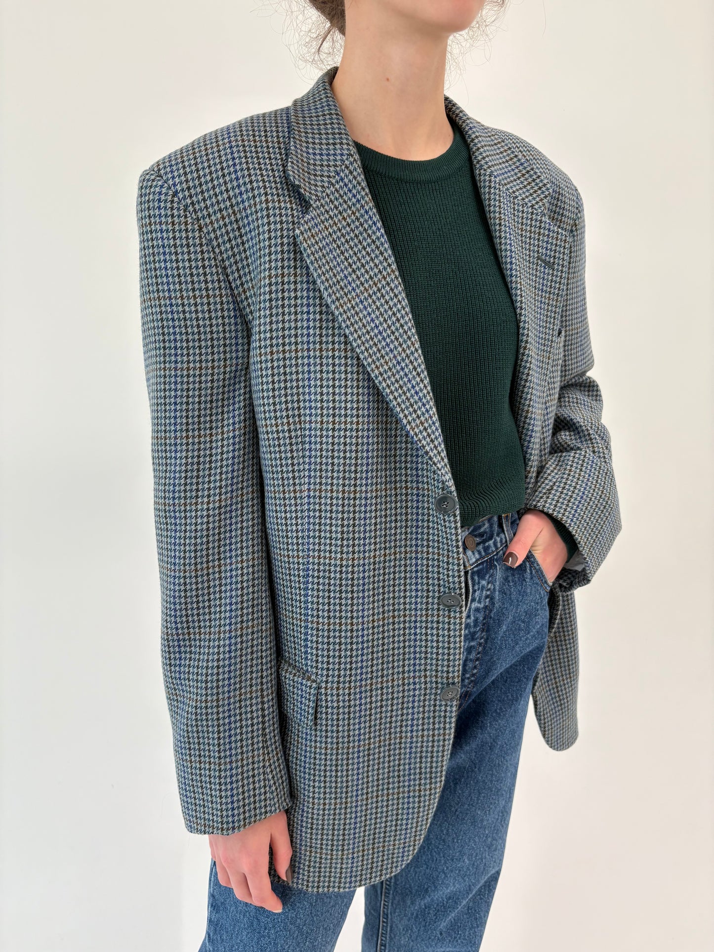 Sacou în carouri pied de coq Jeans blue din tweed moale de lana certificată