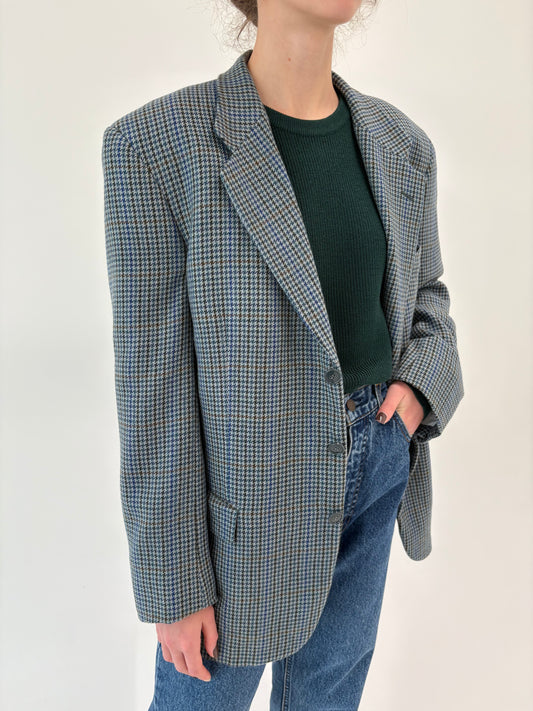 Sacou în carouri pied de coq Jeans blue din tweed moale de lana certificată