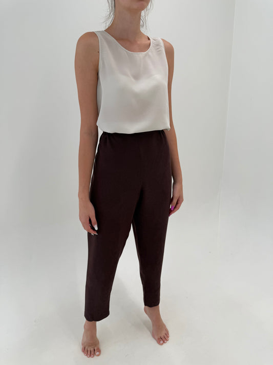 Pantaloni chocolate brown cu talie ultra înaltă elastică din mătase naturală