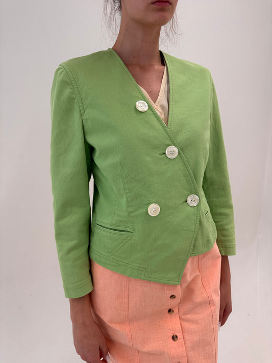 Sacou vintage de designer cu interior de mătase naturală în croi asimetric verde crud