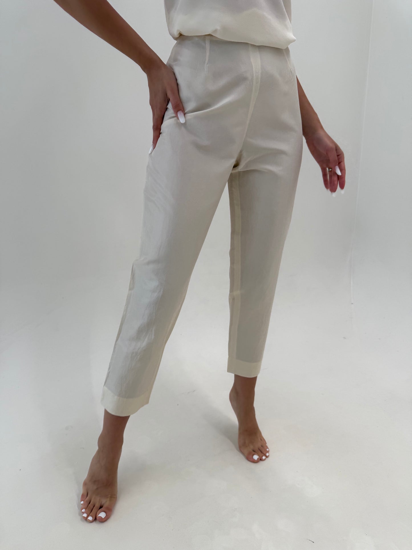 Pantaloni de brand luxury Cipriani din mătase naturală dupioni butter white