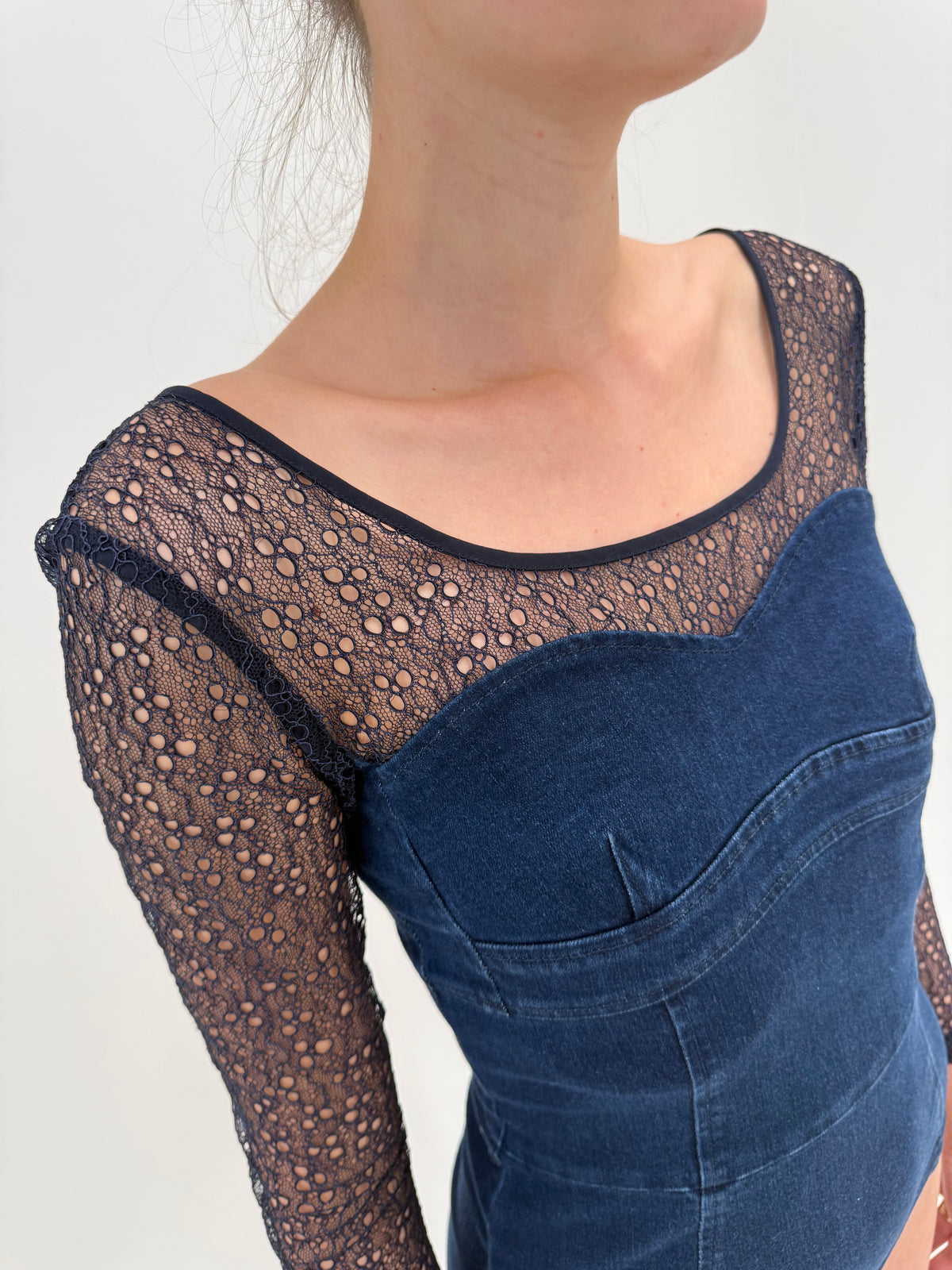 Corsaj de brand super premium din jeans modelator de vară și mesh cu broderie anglaise
