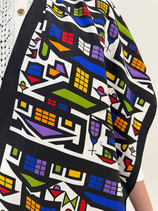 Eșarfă din mătase natural cu print geometric în culori tari