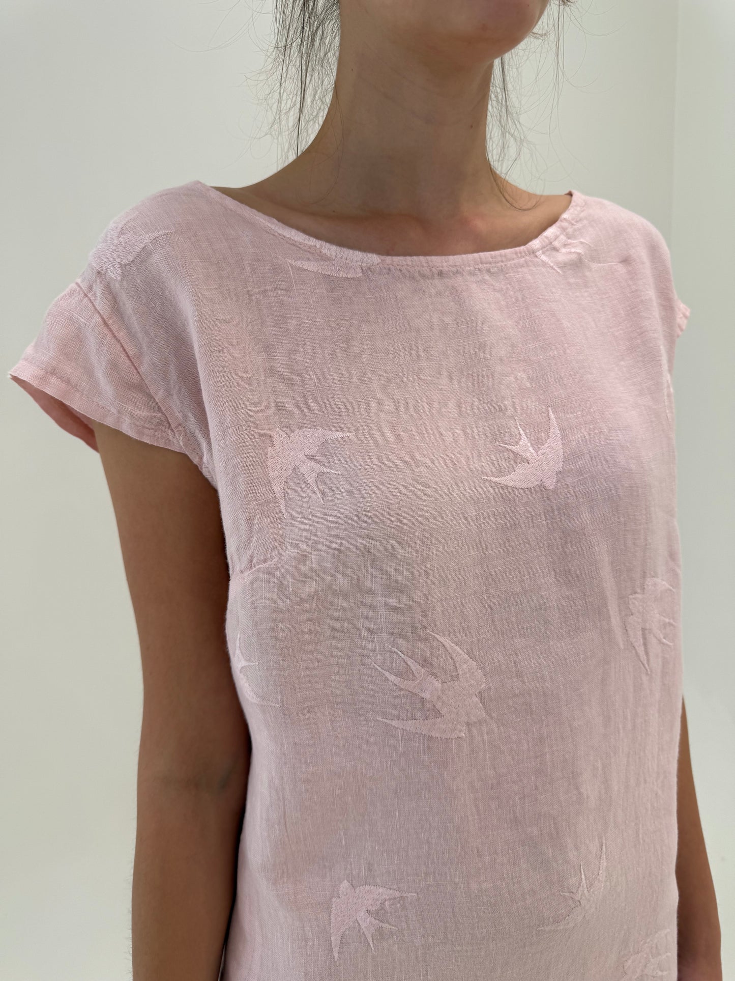 Rochie ultra confort italiană roz pudrat din in premium cu buzunare