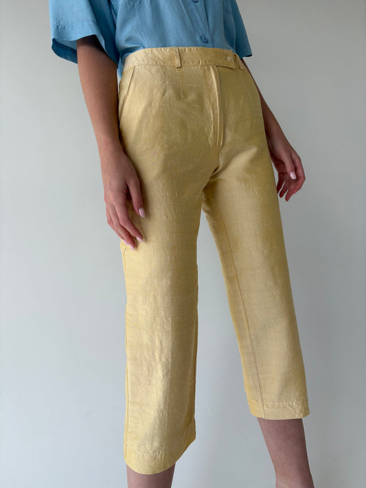 Pantaloni light gold capri petite din mătase naturală dupioni