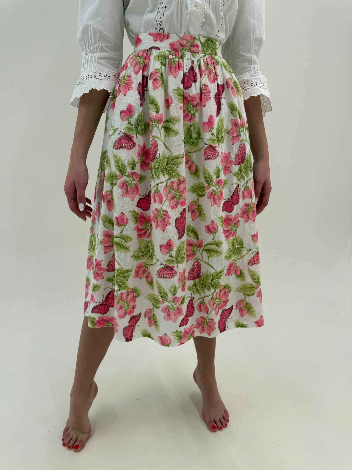 Fustă vintage din pânză cu print superb midi lung și talie y marcată