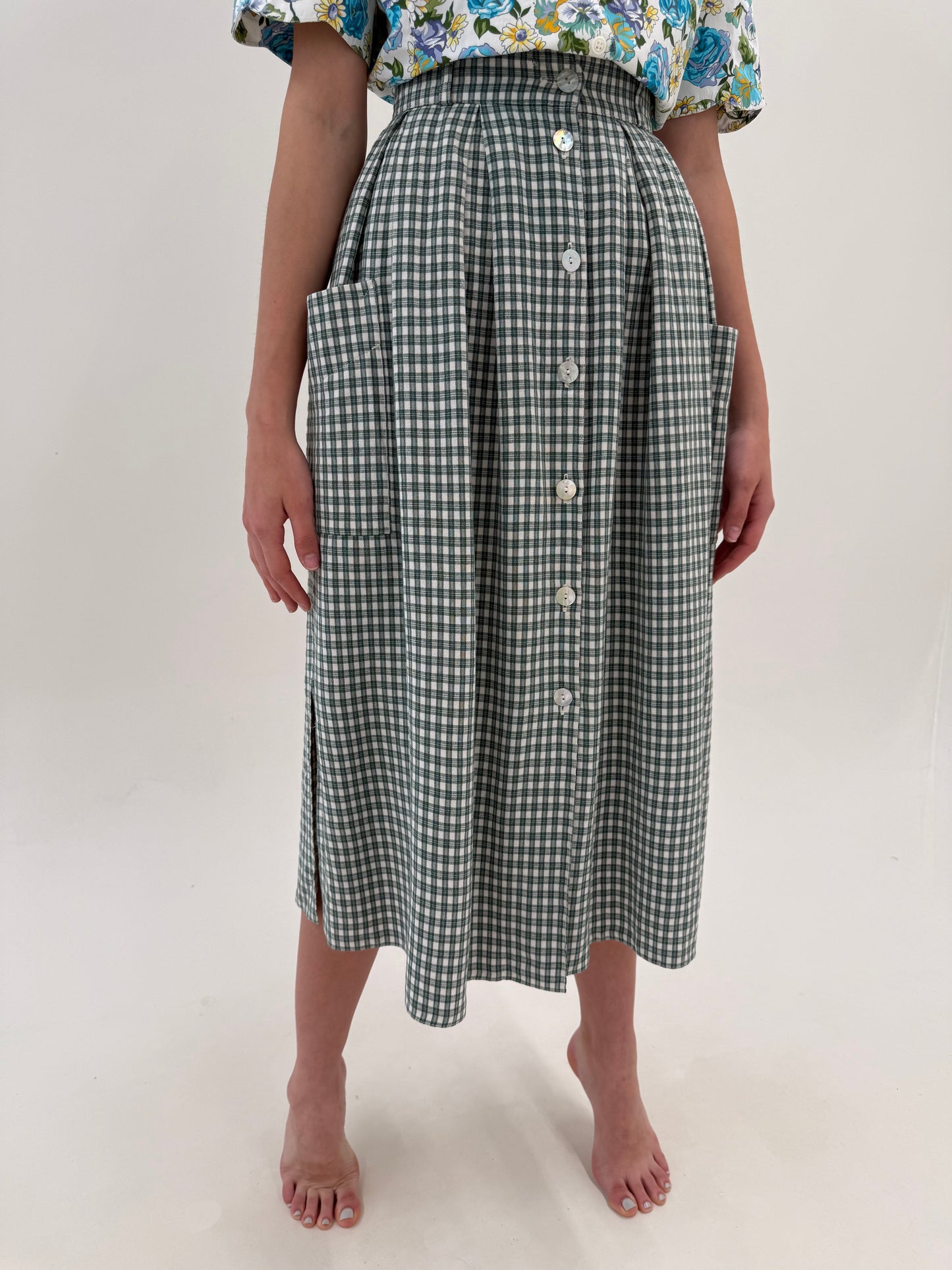 Fustă vintage gingham maxi din pânză de in și vascoza cu talie ultra înaltă