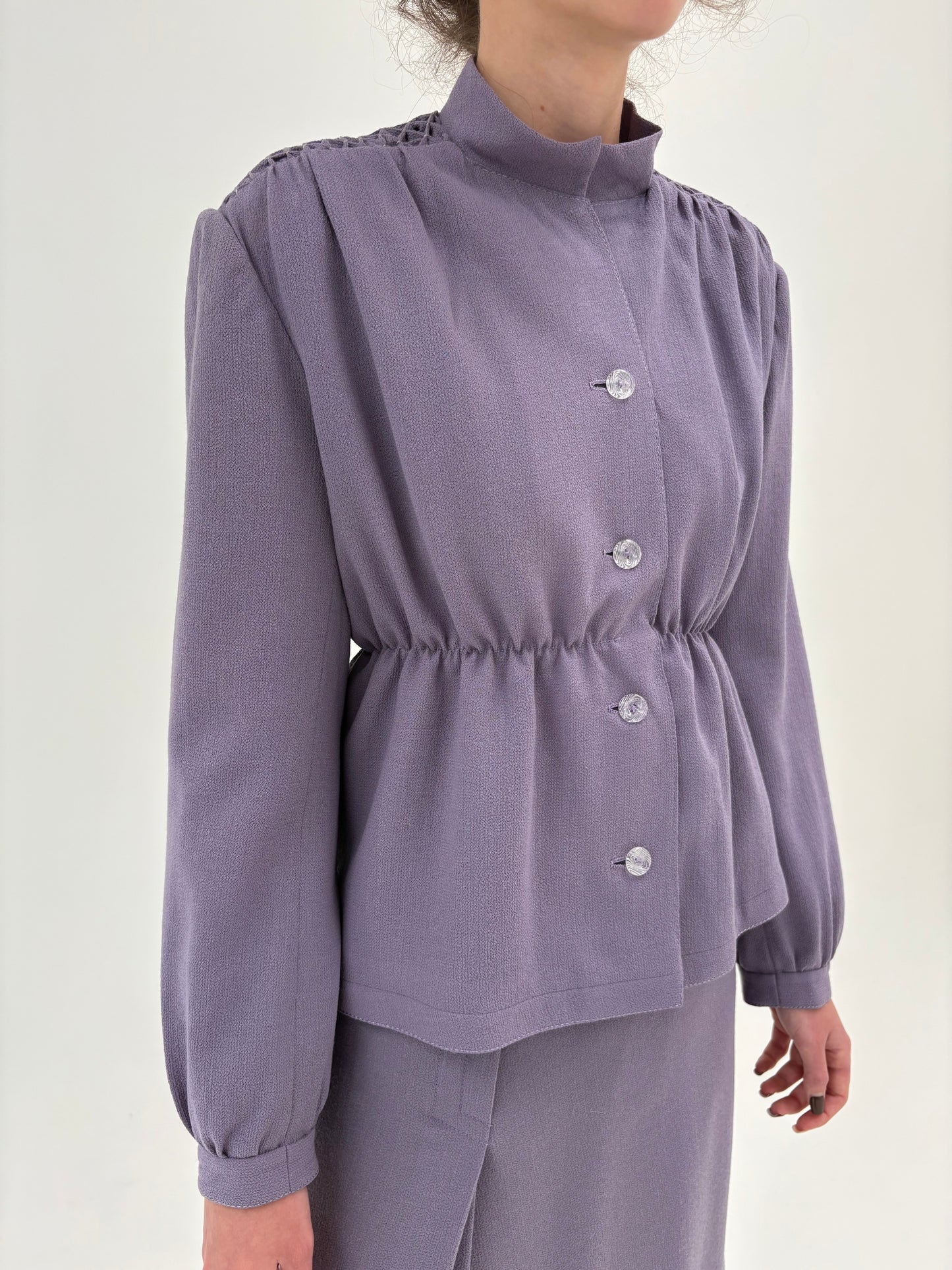 Set old vintage couture anii 70 din creppe de lana extrafina dusty lavender