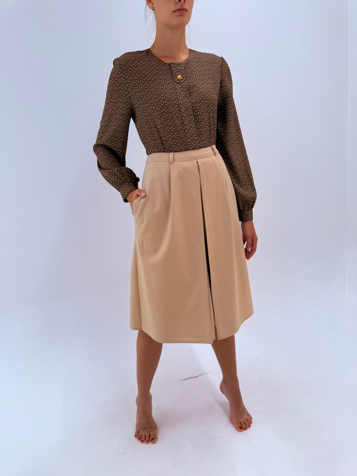 Fustă pantaloni Max Mara camel din stofă de lana extrafina subțire cu buzunare